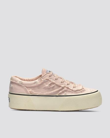 Superga Superga Womens 3041 Revolley Fringed Stone Washed Platform Pink Veiled-F Off White