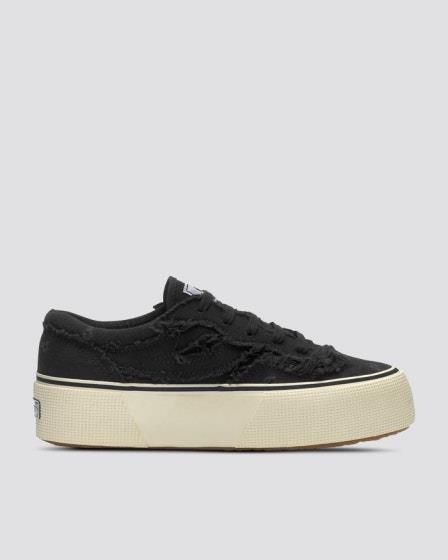 Superga Superga Womens Revolley Fringed Stone Washed Platform Black Bristol-F Off White