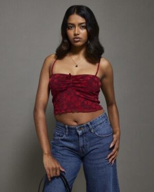 Motel Rocks Motel Rocks Halusi Crop Top Grunge Floral Flock Red