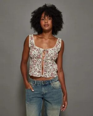 Motel Rocks Motel Rocks Esau Tie Front Cami Top Vintage Bloom Ivory